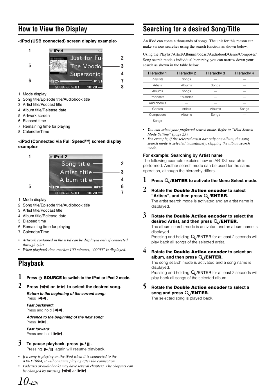 How to view the display, Playback, Searching for a desired song/title | Alpine iDA-X100M User Manual | Page 11 / 135