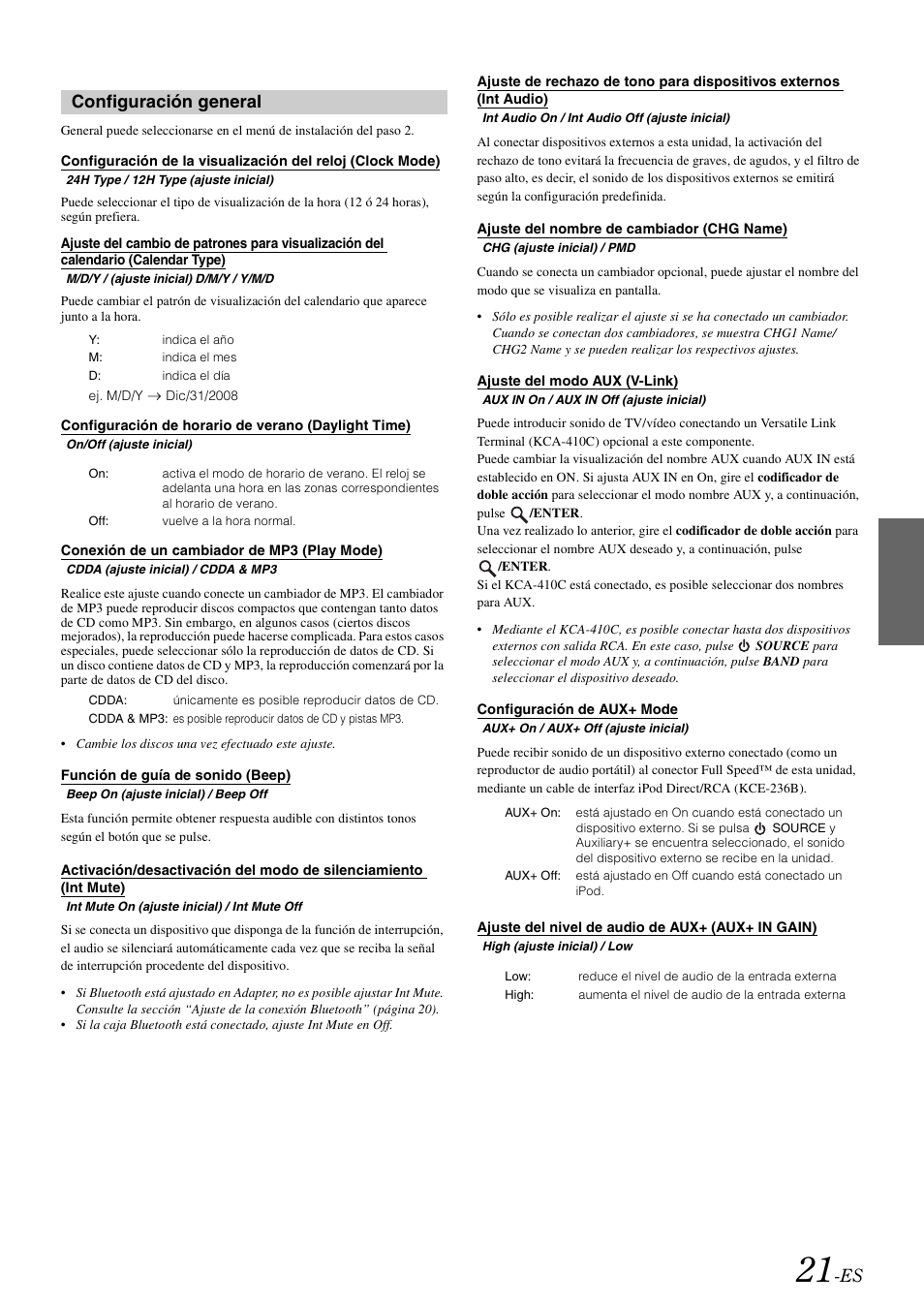 Configuración general, Configuración de horario de verano (daylight time), Conexión de un cambiador de mp3 (play mode) | Función de guía de sonido (beep), Ajuste del nombre de cambiador (chg name), Ajuste del modo aux (v-link), Configuración de aux+ mode, Ajuste del nivel de audio de aux+ (aux+ in gain), Configuración de la visualización del reloj, Clock mode) | Alpine iDA-X100M User Manual | Page 112 / 135