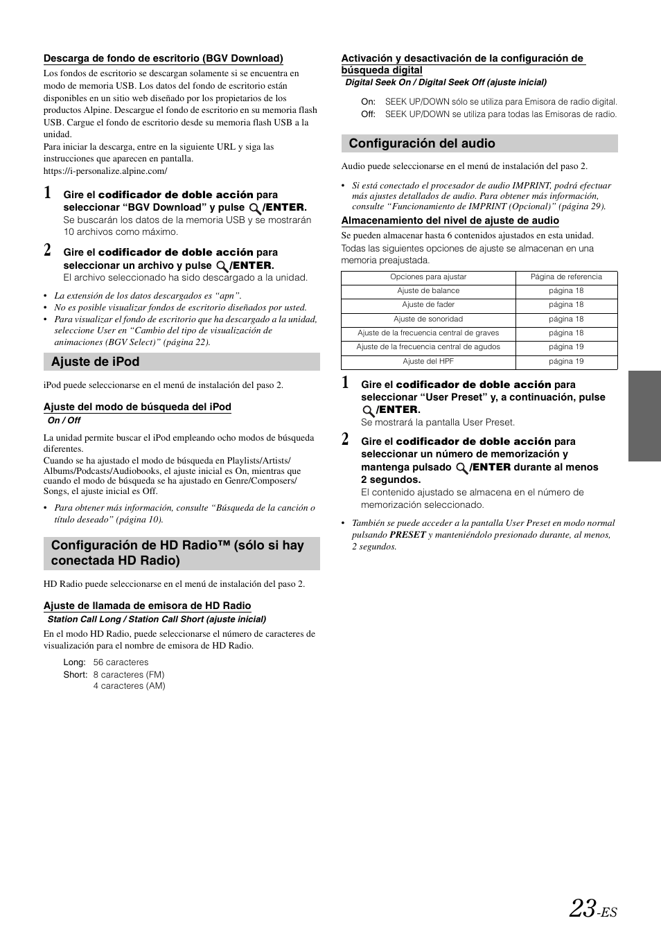 Descarga de fondo de escritorio (bgv download), Ajuste de ipod, Ajuste del modo de búsqueda del ipod | Ajuste de llamada de emisora de hd radio, Configuración del audio, Almacenamiento del nivel de ajuste de audio, Descarga de fondo de escritorio, Bgv download), Búsqueda digital | Alpine iDA-X100M User Manual | Page 114 / 135