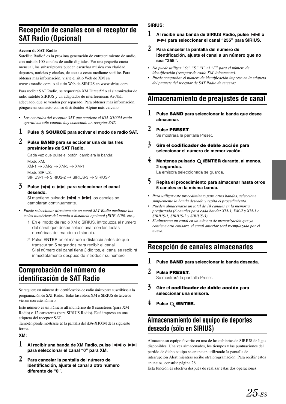 Almacenamiento de preajustes de canal, Recepción de canales almacenados, Recepción de canales con el receptor de sat | Radio (opcional), Comprobación del número de identificación de, Sat radio, Sólo en sirius) | Alpine iDA-X100M User Manual | Page 116 / 135