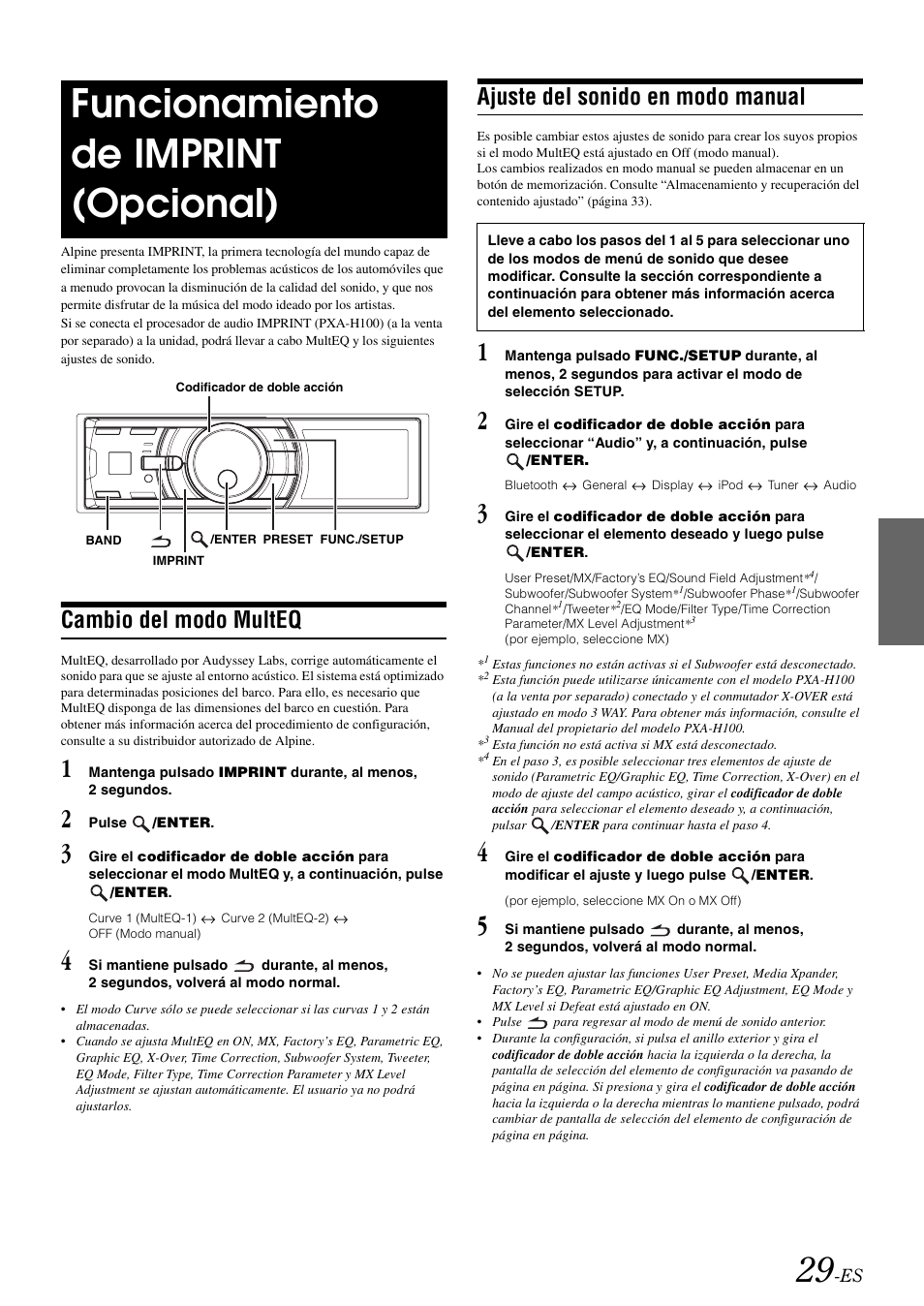 Funcionamiento de imprint (opcional), Cambio del modo multeq, Ajuste del sonido en modo manual | Alpine iDA-X100M User Manual | Page 120 / 135