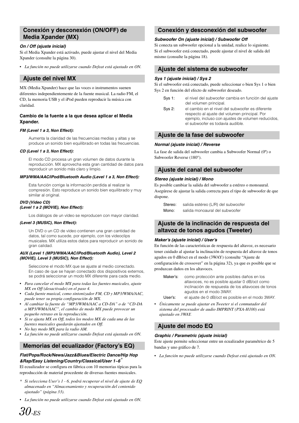 Ajuste del nivel mx, Memorias del ecualizador (factory’s eq), Conexión y desconexión del subwoofer | Ajuste del sistema de subwoofer, Ajuste de la fase del subwoofer, Ajuste del canal del subwoofer, Ajuste del modo eq, Conexión y desconexión (on/off) de, Media xpander (mx), Ajuste del nivel mx memorias del ecualizador | Alpine iDA-X100M User Manual | Page 121 / 135
