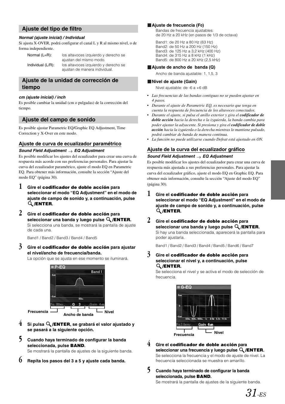 Ajuste del tipo de filtro, Ajuste de la unidad de corrección de tiempo, Ajuste del campo de sonido | Ajuste de curva de ecualizador paramétrico, Ajuste de la curva del ecualizador gráfico, Tiempo | Alpine iDA-X100M User Manual | Page 122 / 135