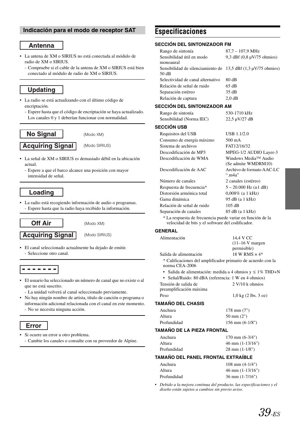 Especificaciones, Indicación para el modo de receptor sat | Alpine iDA-X100M User Manual | Page 130 / 135
