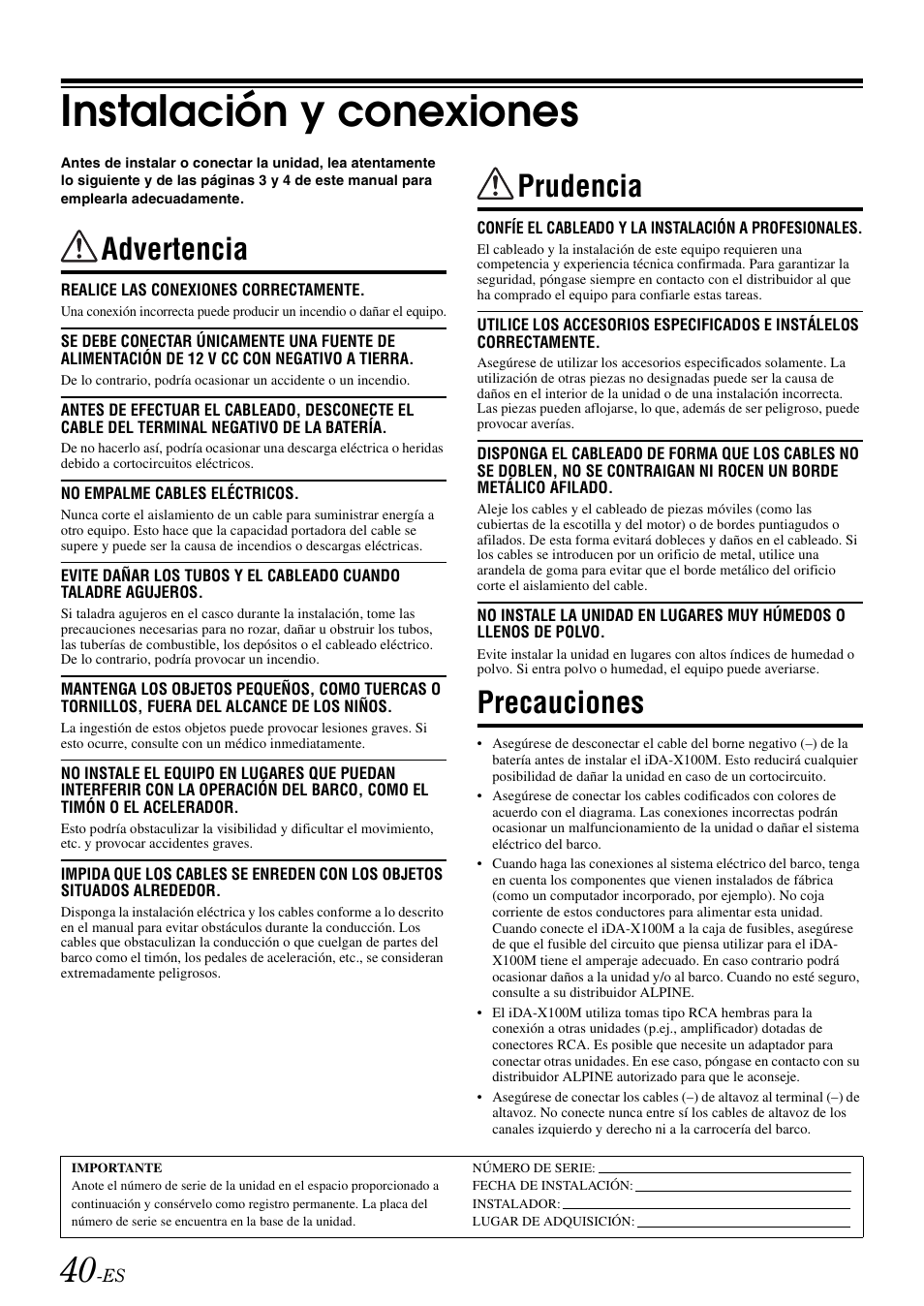 Instalación y conexiones, Advertencia, Prudencia | Precauciones, Advertencia prudencia precauciones | Alpine iDA-X100M User Manual | Page 131 / 135
