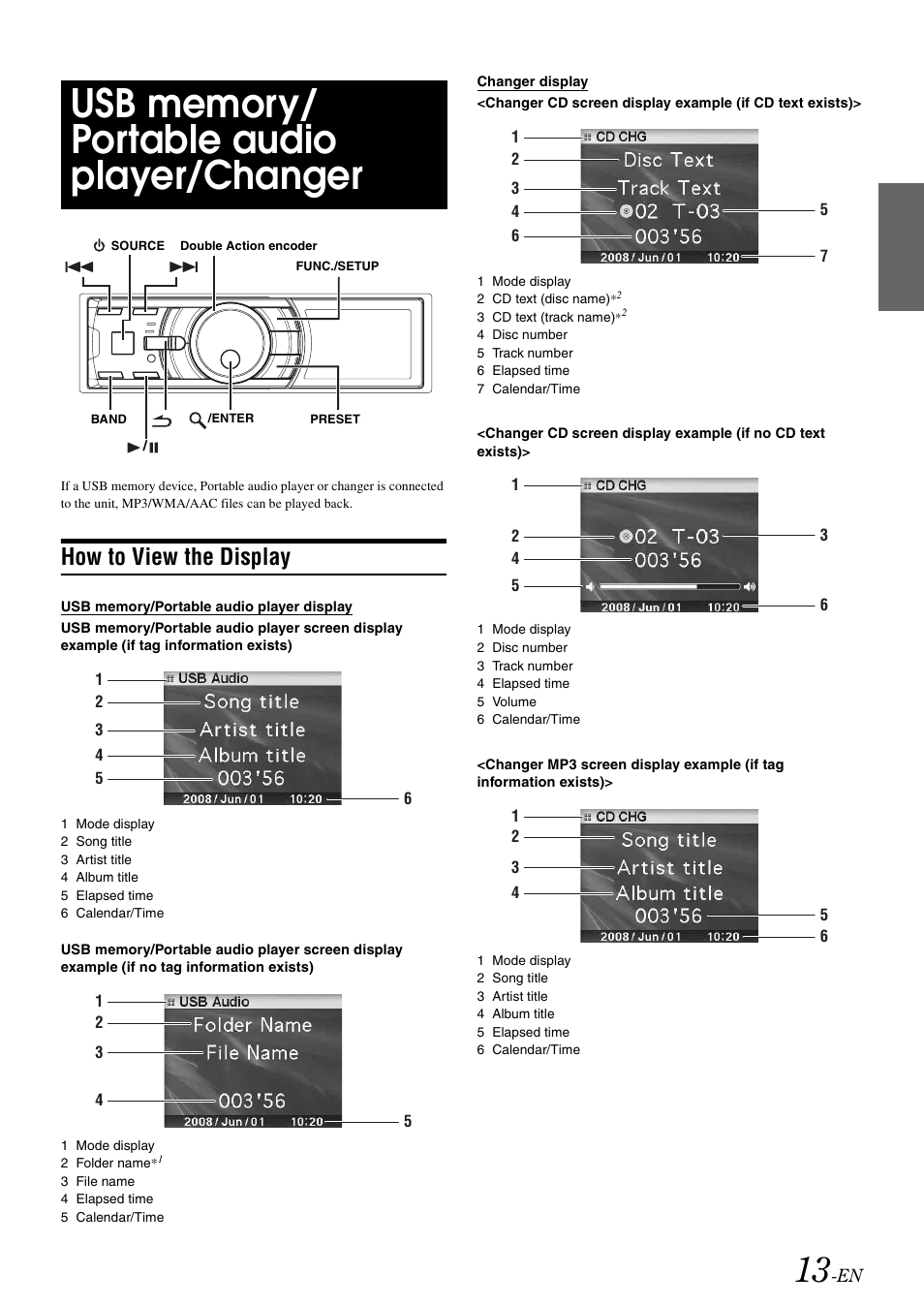 Usb memory/ portable audio player/changer, How to view the display, Usb memory/portable audio player | Changer | Alpine iDA-X100M User Manual | Page 14 / 135
