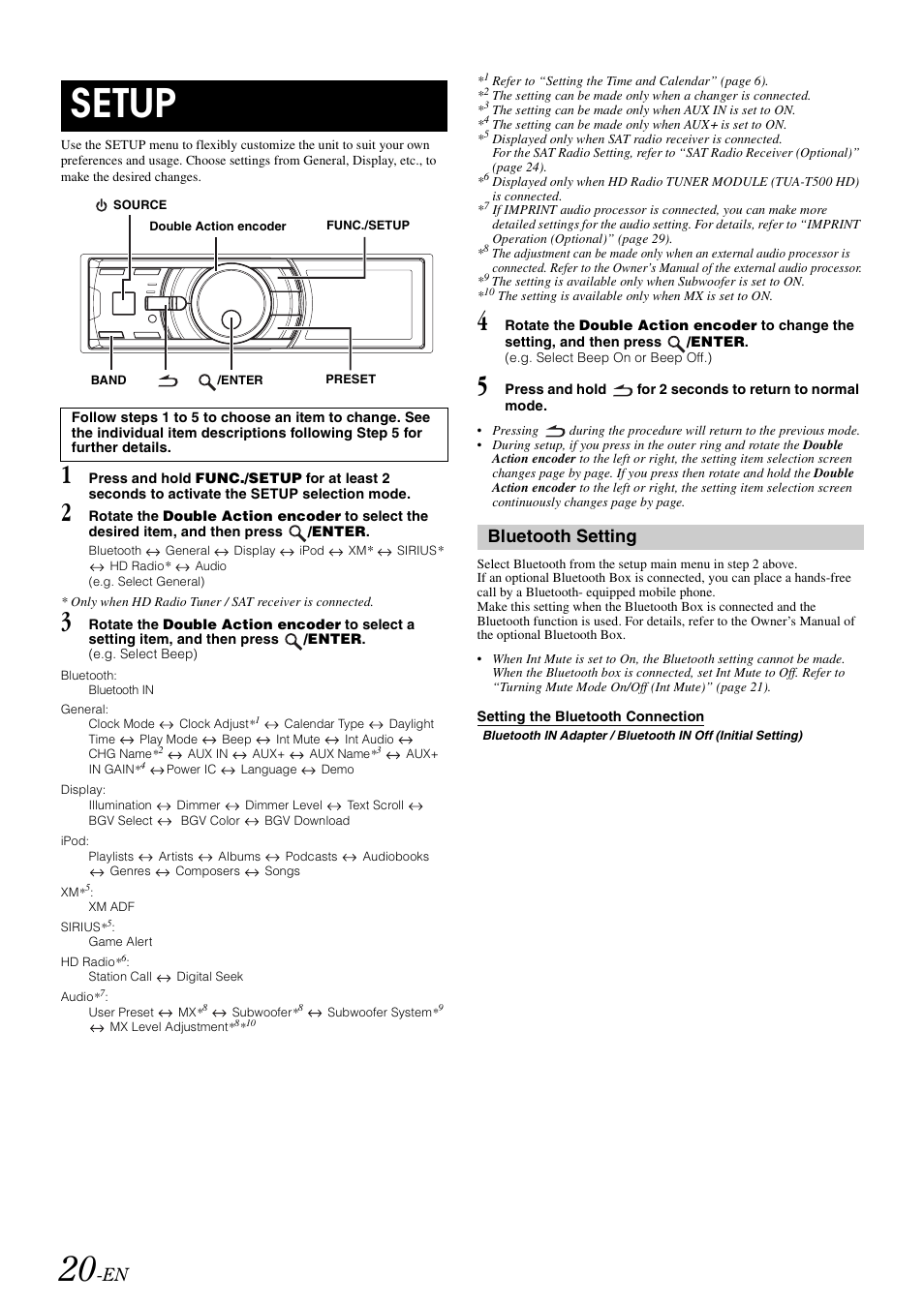 Setup, Bluetooth setting, Setting the bluetooth connection | Alpine iDA-X100M User Manual | Page 21 / 135