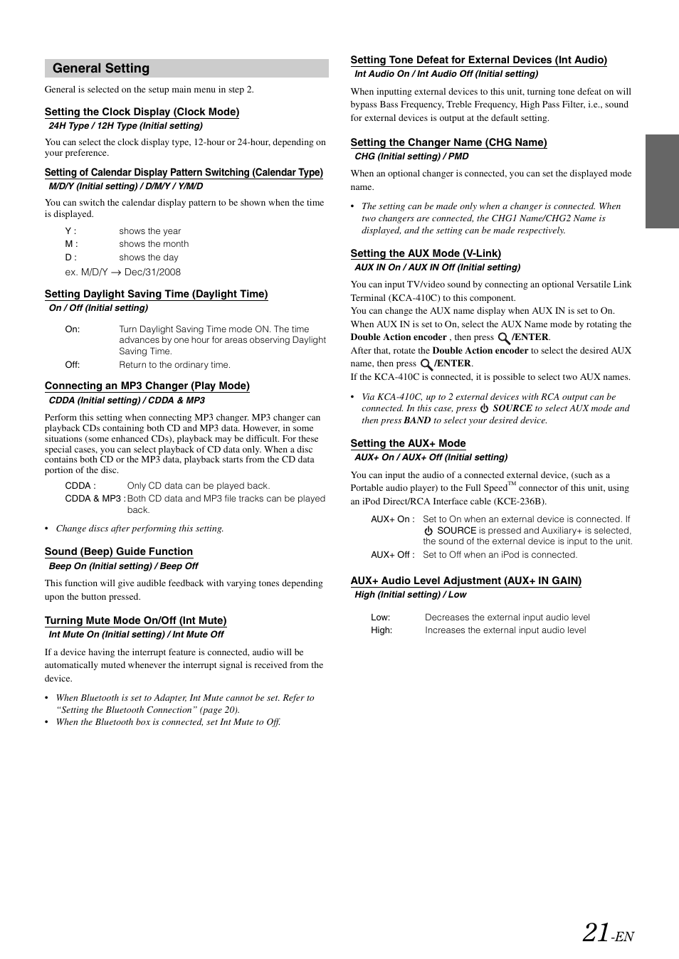 General setting, Setting the clock display (clock mode), Setting daylight saving time (daylight time) | Connecting an mp3 changer (play mode), Sound (beep) guide function, Turning mute mode on/off (int mute), Setting the changer name (chg name), Setting the aux mode (v-link), Setting the aux+ mode, Aux+ audio level adjustment (aux+ in gain) | Alpine iDA-X100M User Manual | Page 22 / 135