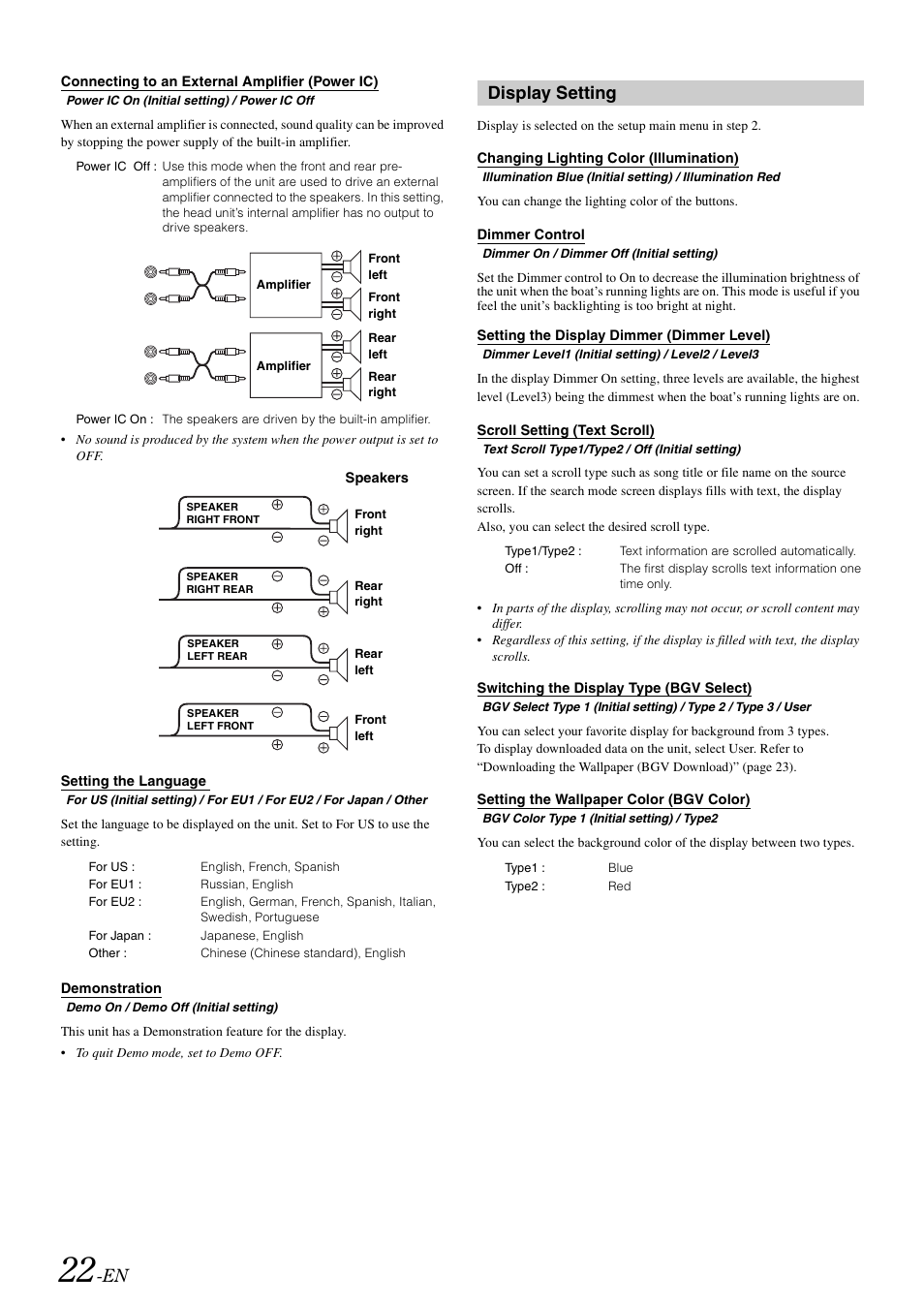 Connecting to an external amplifier (power ic), Setting the language, Demonstration | Display setting, Changing lighting color (illumination), Dimmer control, Setting the display dimmer (dimmer level), Scroll setting (text scroll), Switching the display type (bgv select), Setting the wallpaper color (bgv color) | Alpine iDA-X100M User Manual | Page 23 / 135