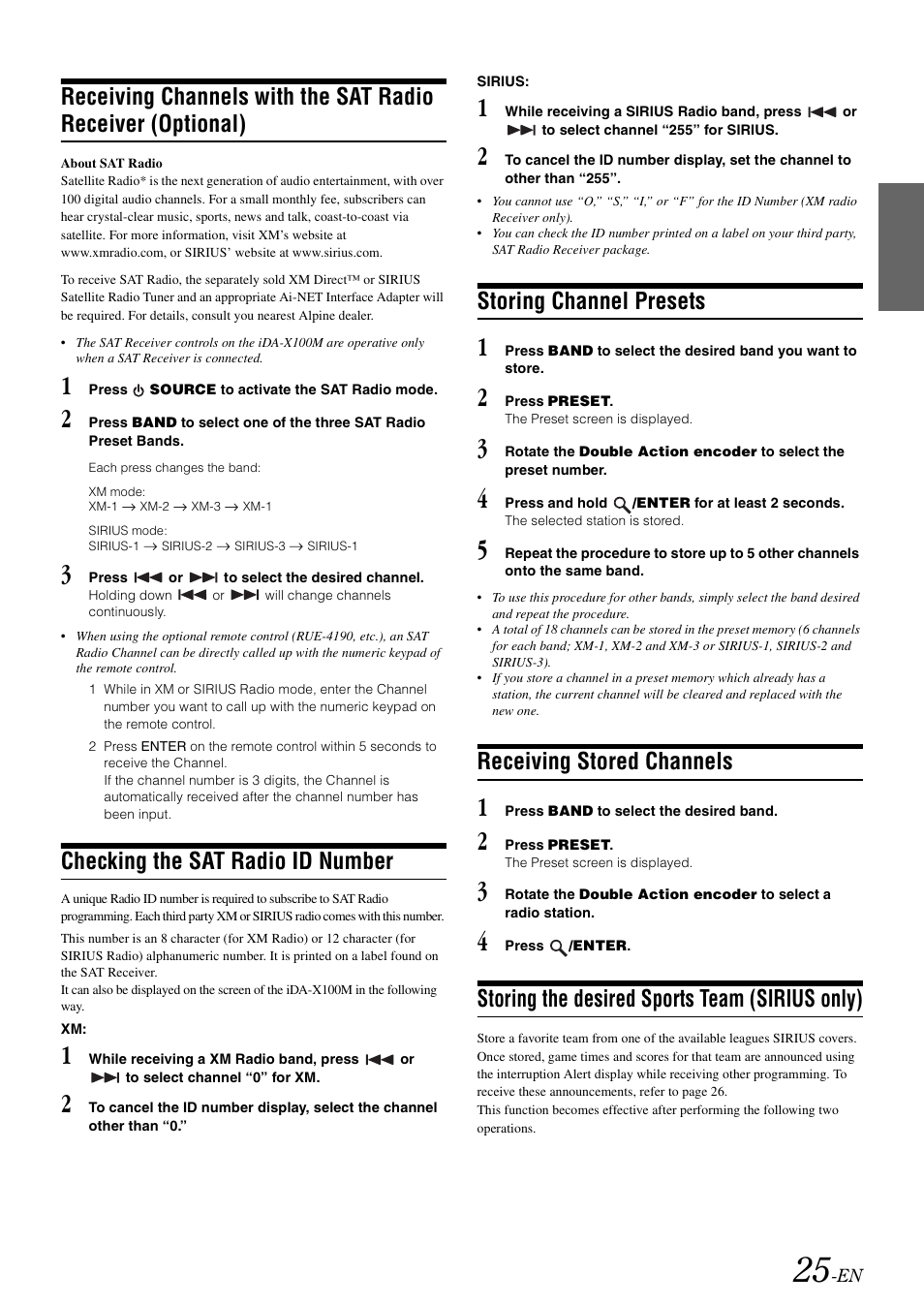 Checking the sat radio id number, Storing channel presets, Receiving stored channels | Storing the desired sports team (sirius only), Receiving channels with the sat radio, Receiver (optional), Storing the desired sports team, Sirius only) | Alpine iDA-X100M User Manual | Page 26 / 135