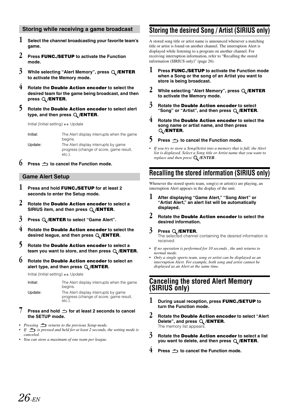 Storing while receiving a game broadcast, Game alert setup, Storing the desired song / artist (sirius only) | Recalling the stored information (sirius only), Canceling the stored alert memory (sirius only), Storing the desired song / artist, Sirius only), Recalling the stored information, Canceling the stored alert memory | Alpine iDA-X100M User Manual | Page 27 / 135