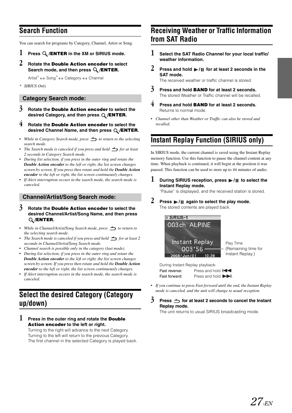 Search function, Select the desired category (category up/down), Instant replay function (sirius only) | Select the desired category, Category up/down), Receiving weather or traffic information from, Sat radio | Alpine iDA-X100M User Manual | Page 28 / 135