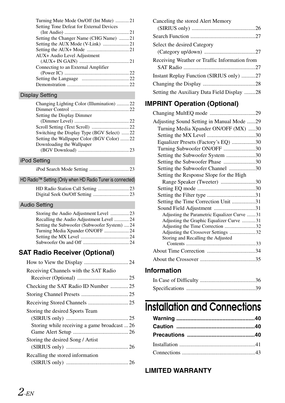 Installation and connections, Sat radio receiver (optional), Imprint operation (optional) | Information, Limited warranty | Alpine iDA-X100M User Manual | Page 3 / 135