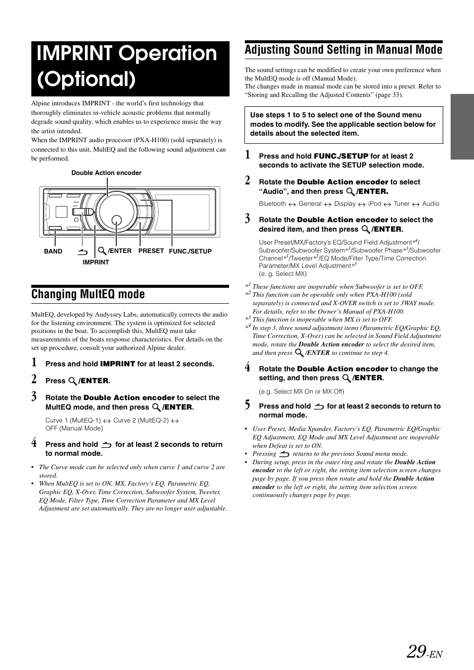 Imprint operation (optional), Changing multeq mode, Adjusting sound setting in manual mode | Alpine iDA-X100M User Manual | Page 30 / 135