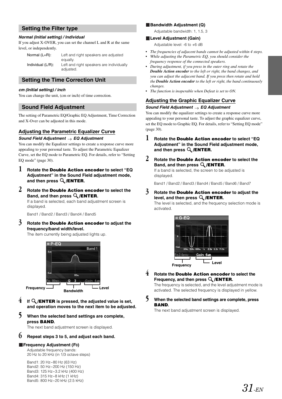 Setting the filter type, Setting the time correction unit, Sound field adjustment | Adjusting the parametric equalizer curve, Adjusting the graphic equalizer curve | Alpine iDA-X100M User Manual | Page 32 / 135