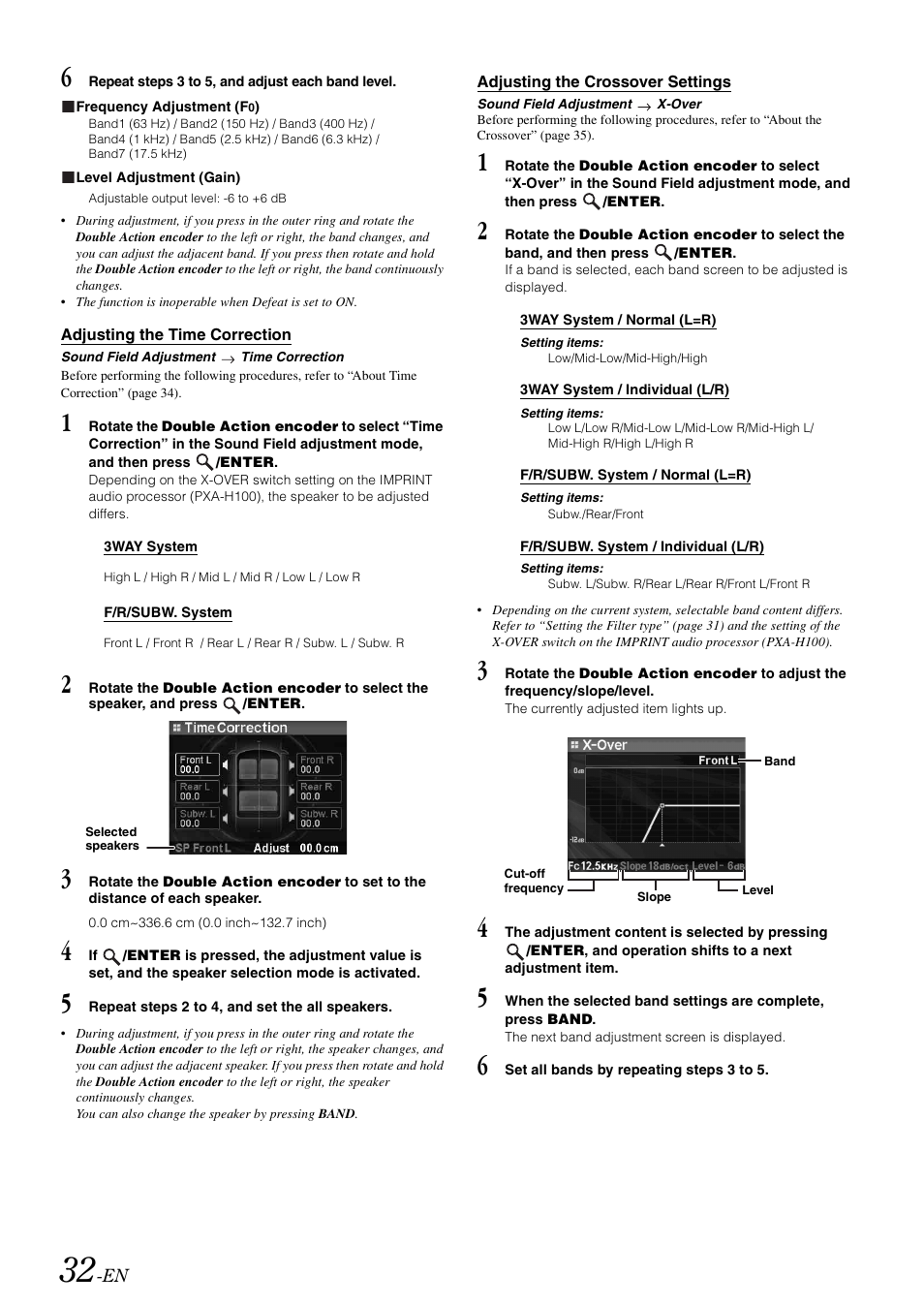 Adjusting the time correction, Adjusting the crossover settings | Alpine iDA-X100M User Manual | Page 33 / 135