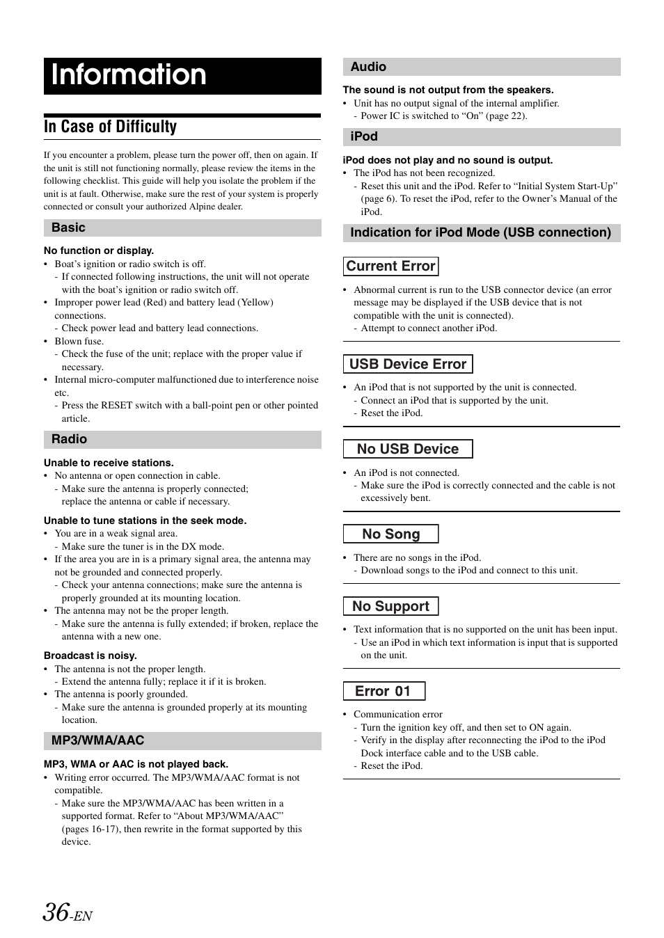 Information, In case of difficulty | Alpine iDA-X100M User Manual | Page 37 / 135