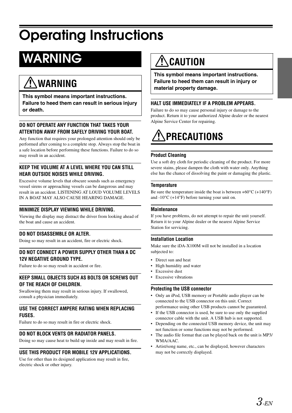 Operating instructions, Warning, Caution | Precautions | Alpine iDA-X100M User Manual | Page 4 / 135