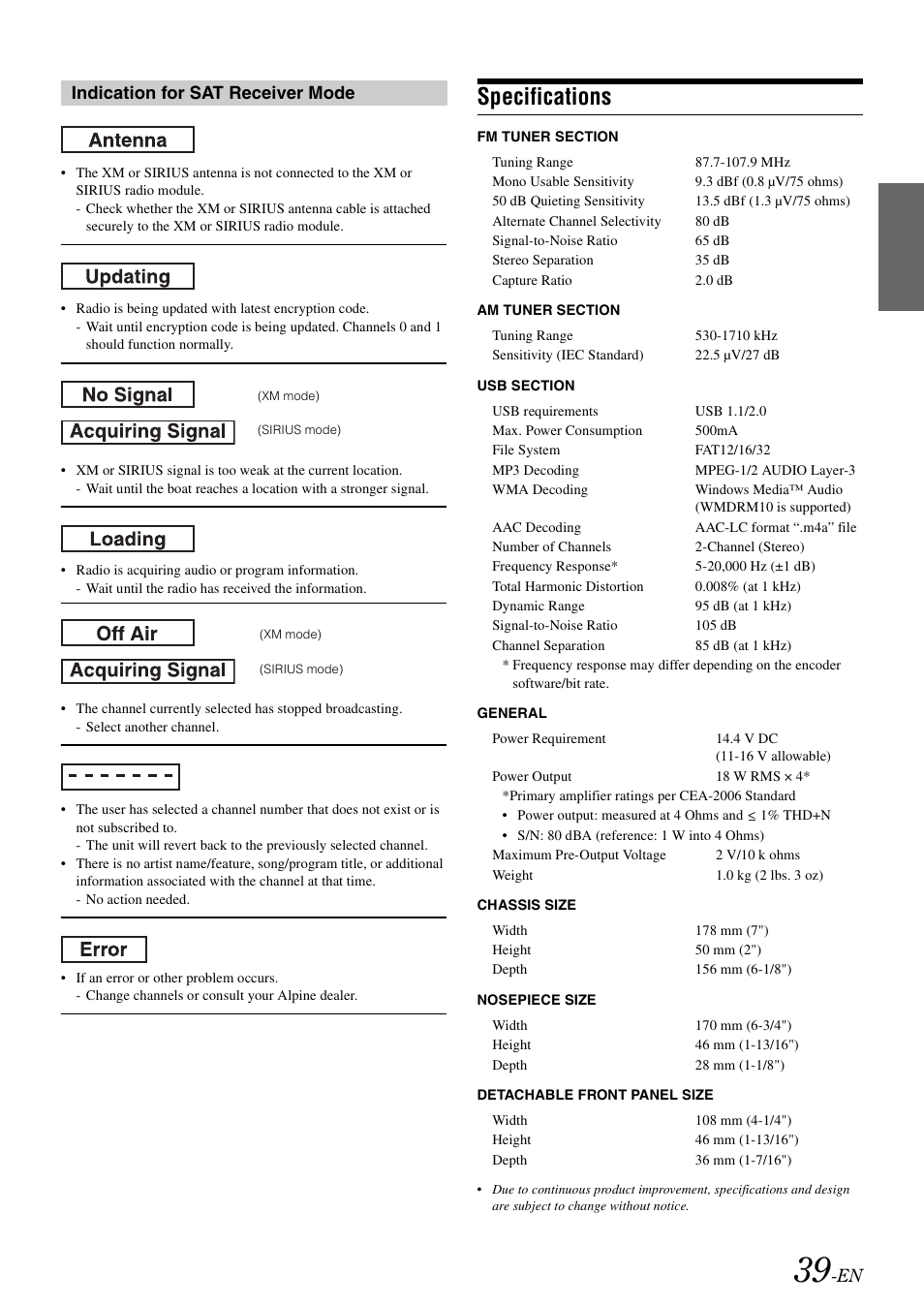 Specifications, Indication for sat receiver mode | Alpine iDA-X100M User Manual | Page 40 / 135