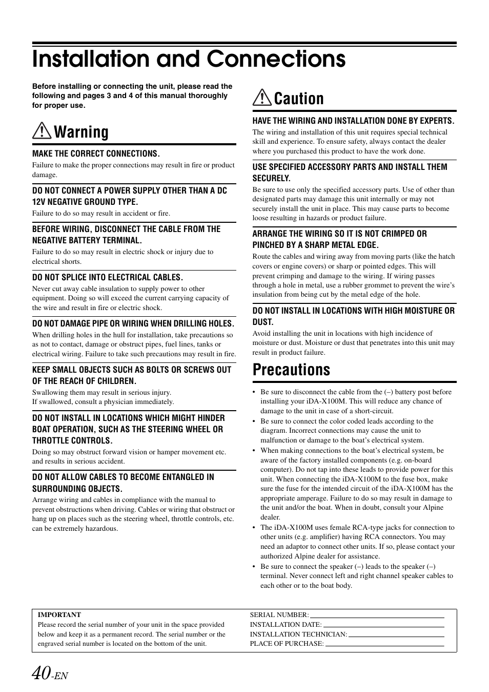 Installation and connections, Warning, Caution | Precautions | Alpine iDA-X100M User Manual | Page 41 / 135