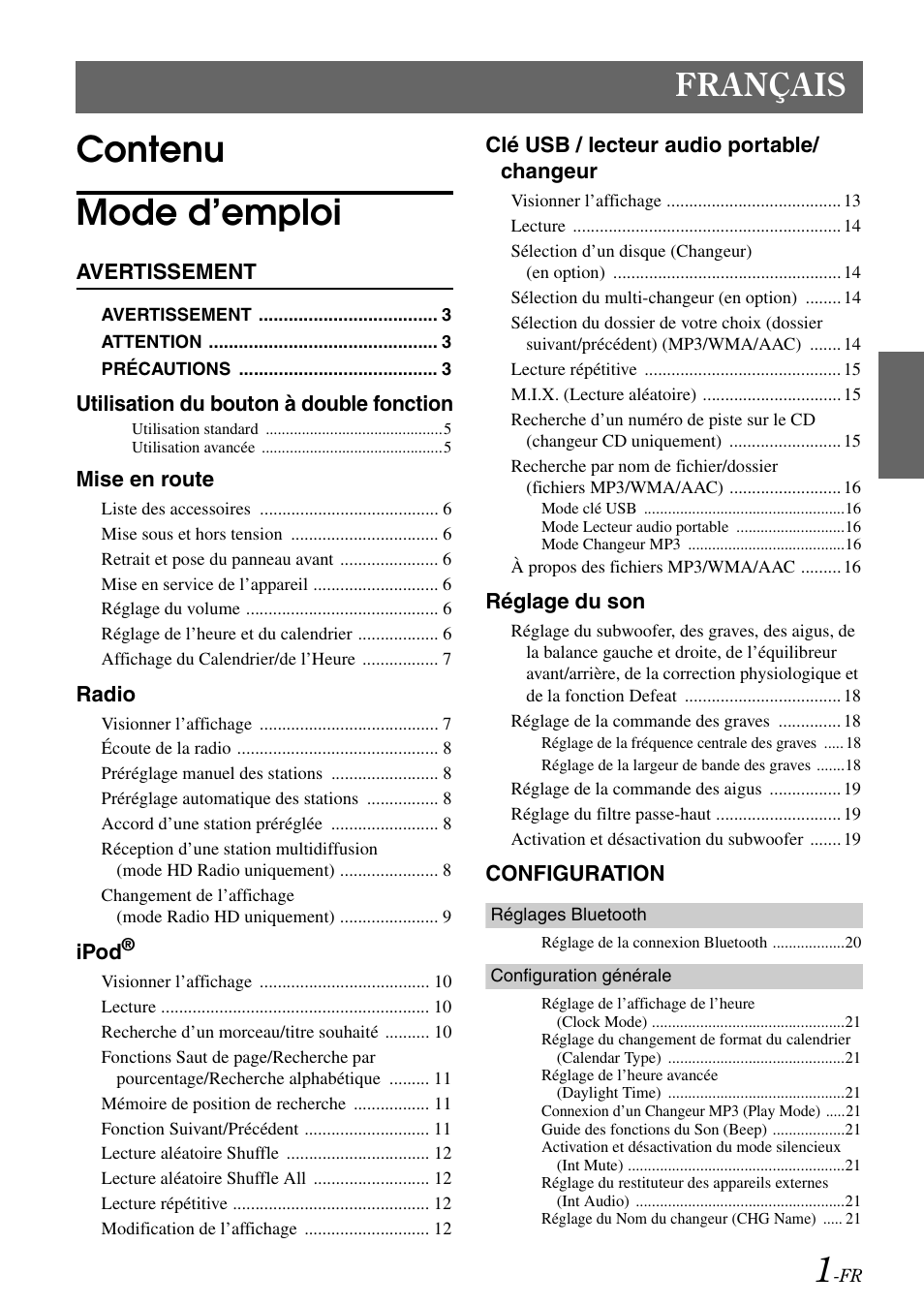 Contenu mode d’emploi, Français | Alpine iDA-X100M User Manual | Page 47 / 135
