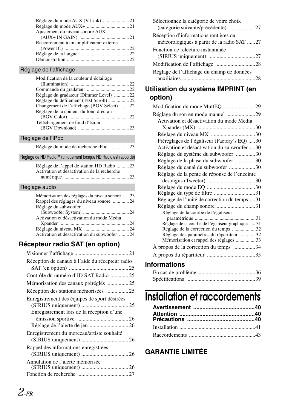 Installation et raccordements, Récepteur radio sat (en option), Utilisation du système imprint (en option) | Informations, Garantie limitée | Alpine iDA-X100M User Manual | Page 48 / 135