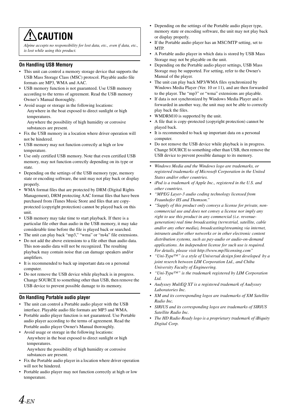 Caution | Alpine iDA-X100M User Manual | Page 5 / 135