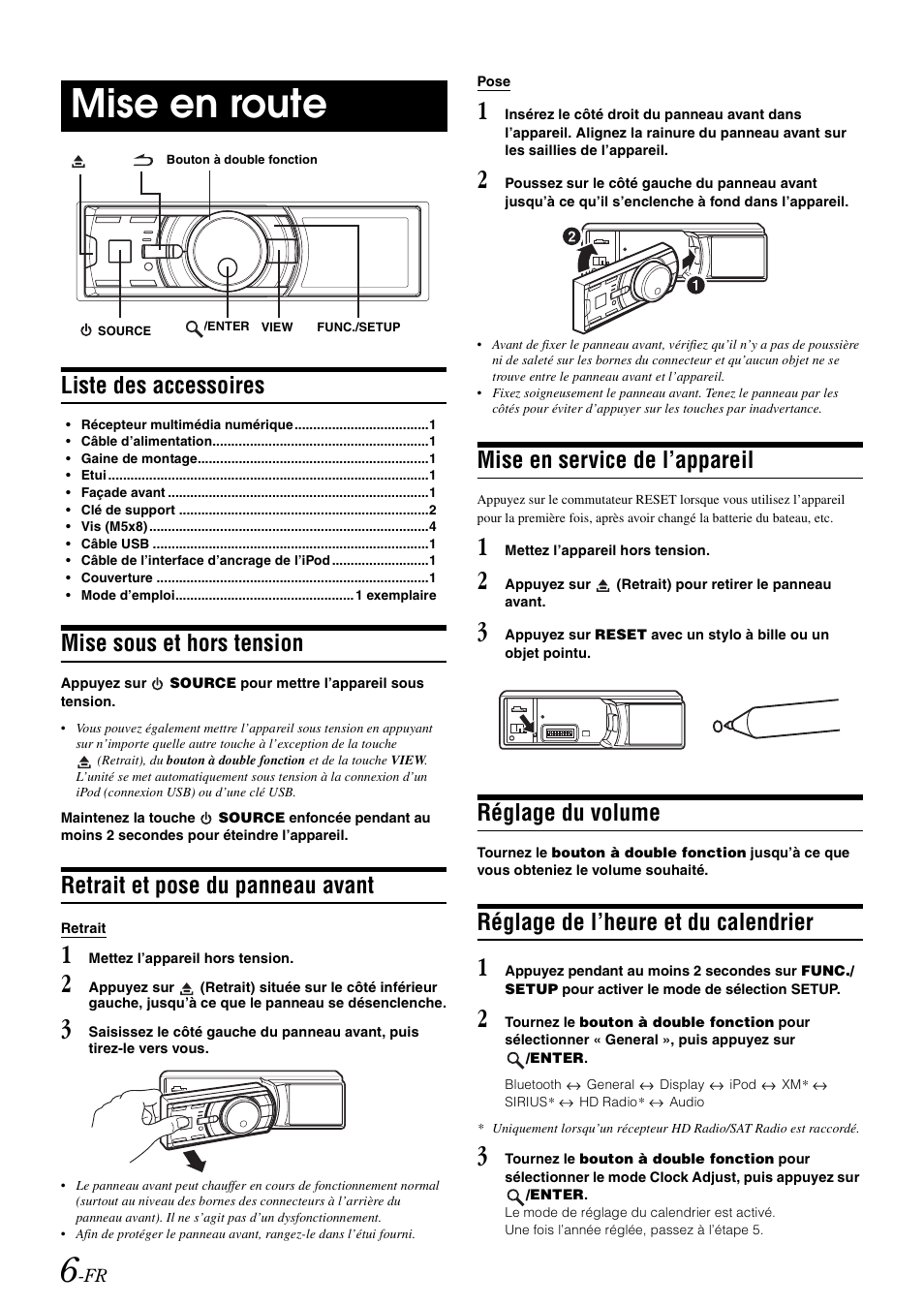 Mise en route, Liste des accessoires, Mise sous et hors tension | Retrait et pose du panneau avant, Mise en service de l’appareil, Réglage du volume, Réglage de l’heure et du calendrier | Alpine iDA-X100M User Manual | Page 52 / 135