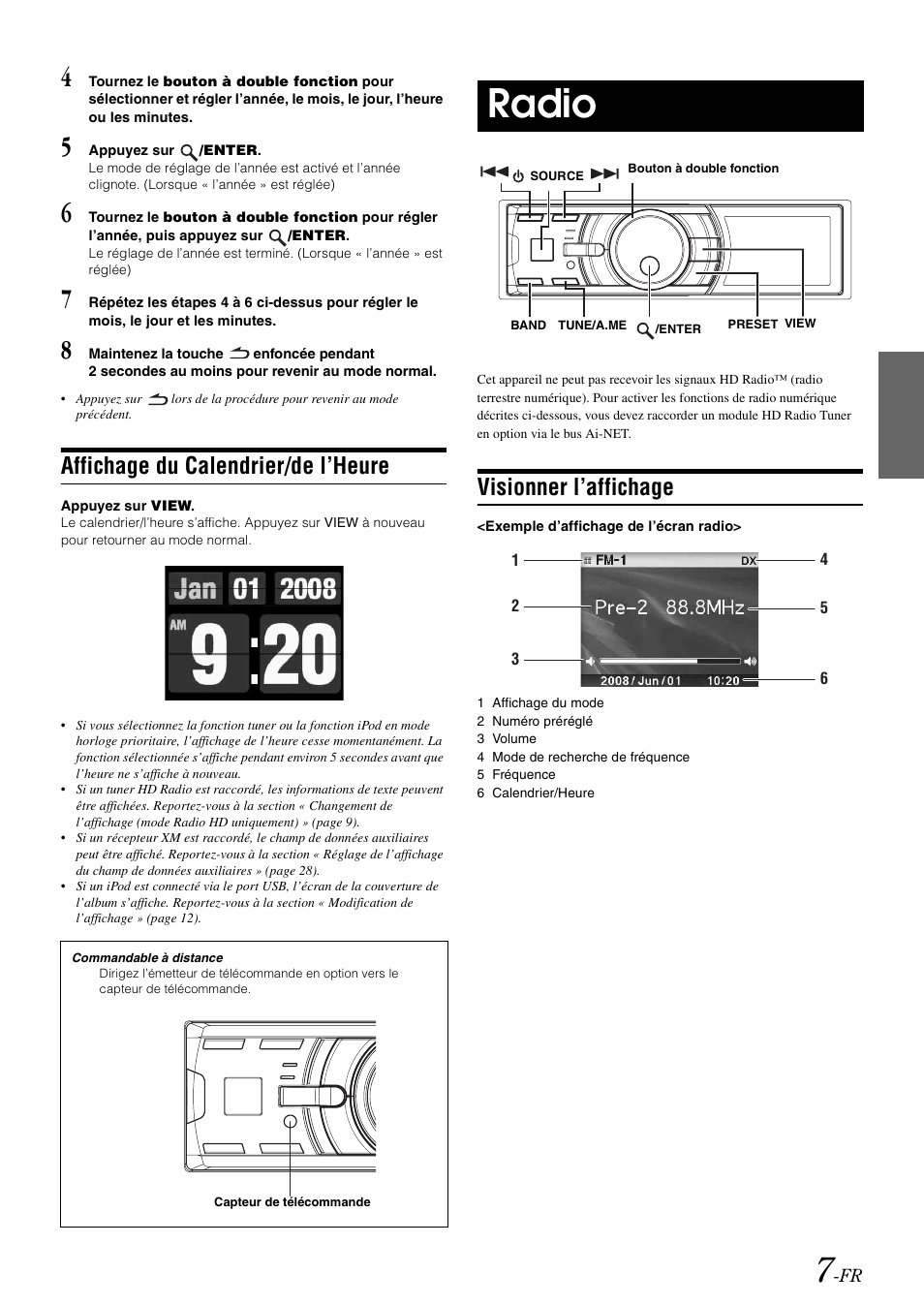 Affichage du calendrier/de l’heure, Radio, Visionner l’affichage | Alpine iDA-X100M User Manual | Page 53 / 135