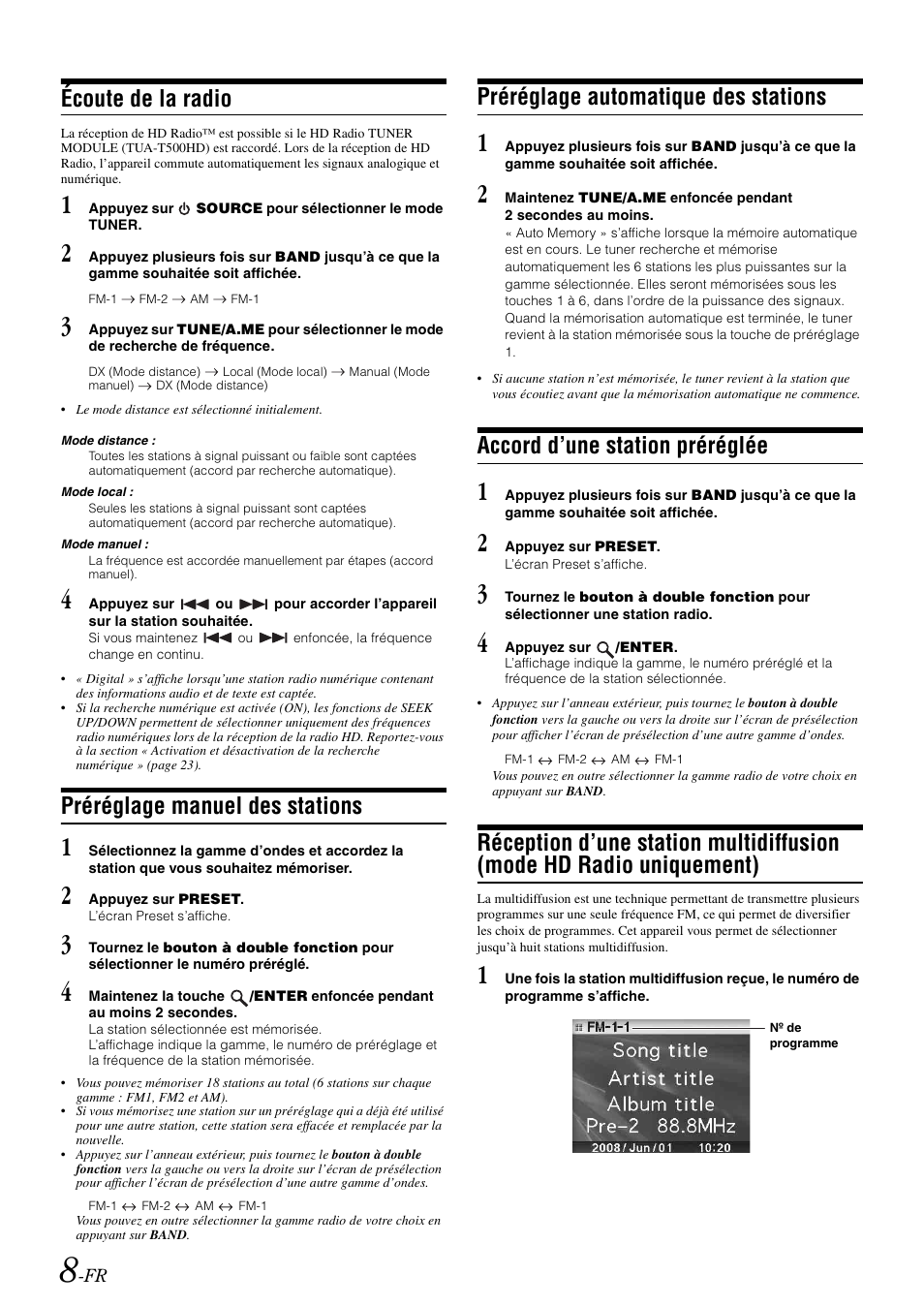 Écoute de la radio, Préréglage manuel des stations, Préréglage automatique des stations | Accord d’une station préréglée, Réception d’une station multidiffusion, Mode hd radio uniquement) | Alpine iDA-X100M User Manual | Page 54 / 135