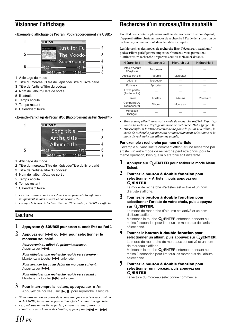 Visionner l’affichage, Lecture, Recherche d’un morceau/titre souhaité | Alpine iDA-X100M User Manual | Page 56 / 135