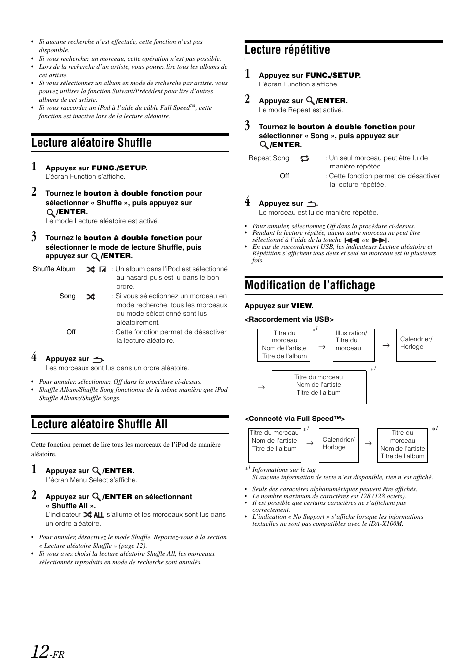 Lecture aléatoire shuffle, Lecture aléatoire shuffle all, Lecture répétitive | Modification de l’affichage | Alpine iDA-X100M User Manual | Page 58 / 135