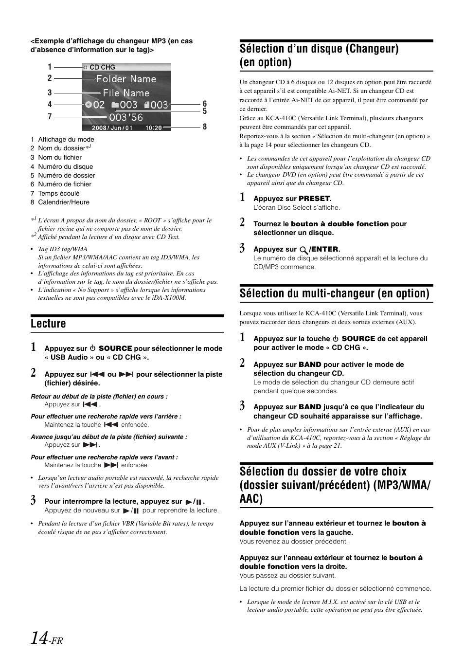 Lecture, Sélection d’un disque (changeur) (en option), Sélection du multi-changeur (en option) | Sélection d’un disque (changeur), En option), Sélection du dossier de votre choix (dossier, Suivant/précédent) (mp3/wma/aac) | Alpine iDA-X100M User Manual | Page 60 / 135