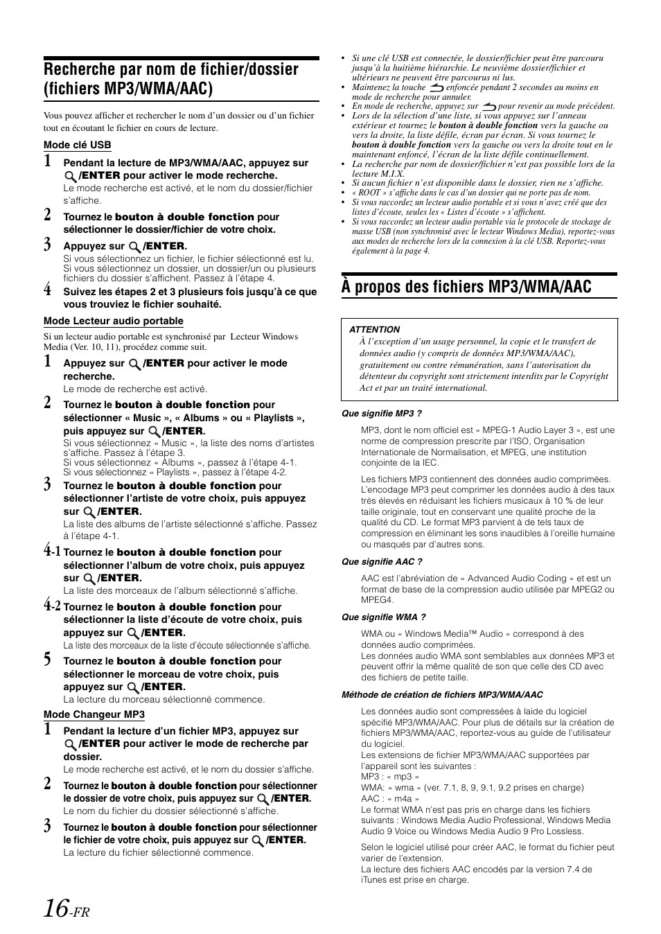 Mode clé usb, Mode lecteur audio portable, Mode changeur mp3 | À propos des fichiers mp3/wma/aac, Recherche par nom de fichier/dossier, Fichiers mp3/wma/aac) | Alpine iDA-X100M User Manual | Page 62 / 135