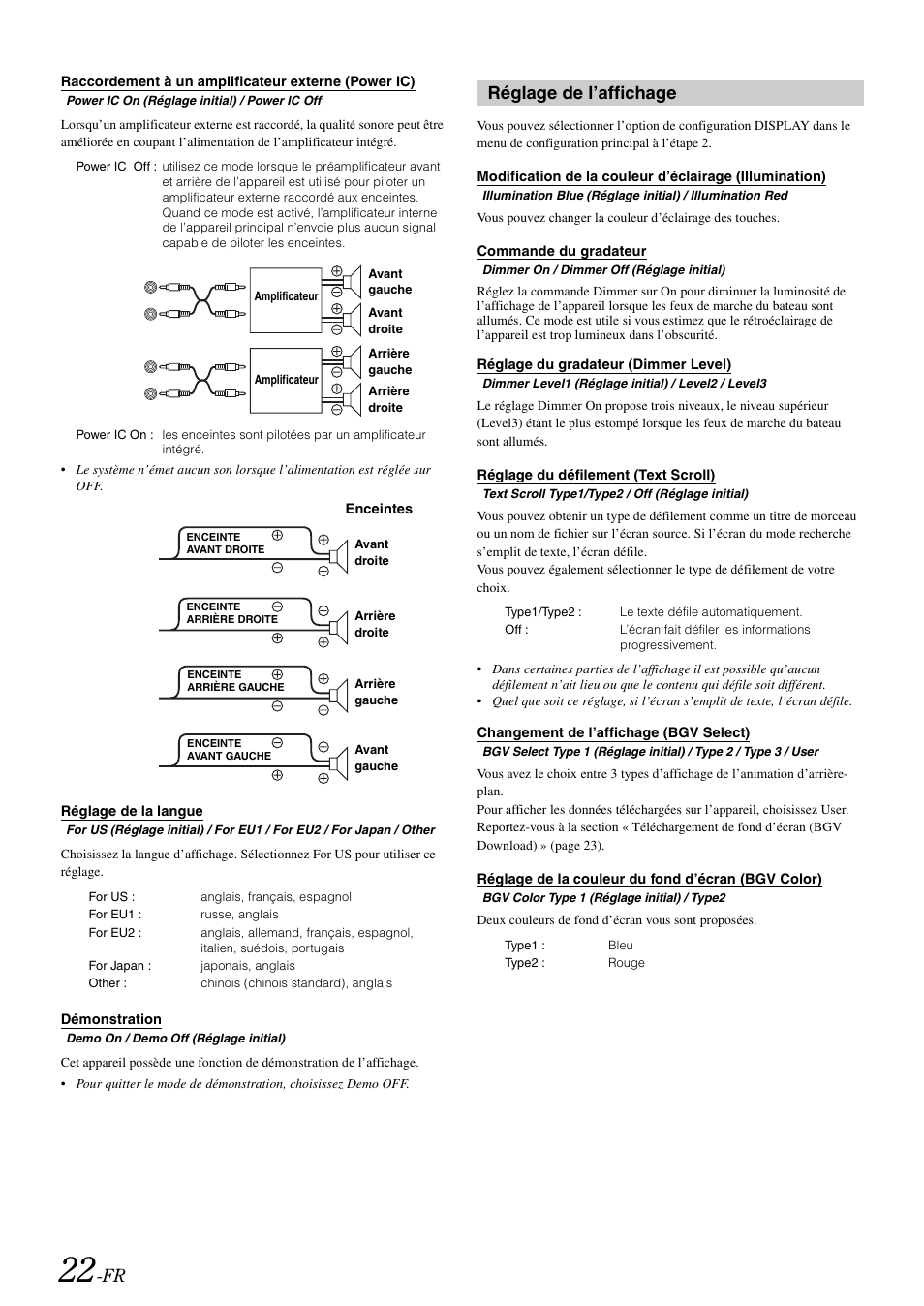 Raccordement à un amplificateur externe (power ic), Réglage de la langue, Démonstration | Réglage de l’affichage, Commande du gradateur, Réglage du gradateur (dimmer level), Réglage du défilement (text scroll), Changement de l’affichage (bgv select), Réglage de la couleur du fond d’écran (bgv color), Raccordement à un amplificateur externe | Alpine iDA-X100M User Manual | Page 68 / 135