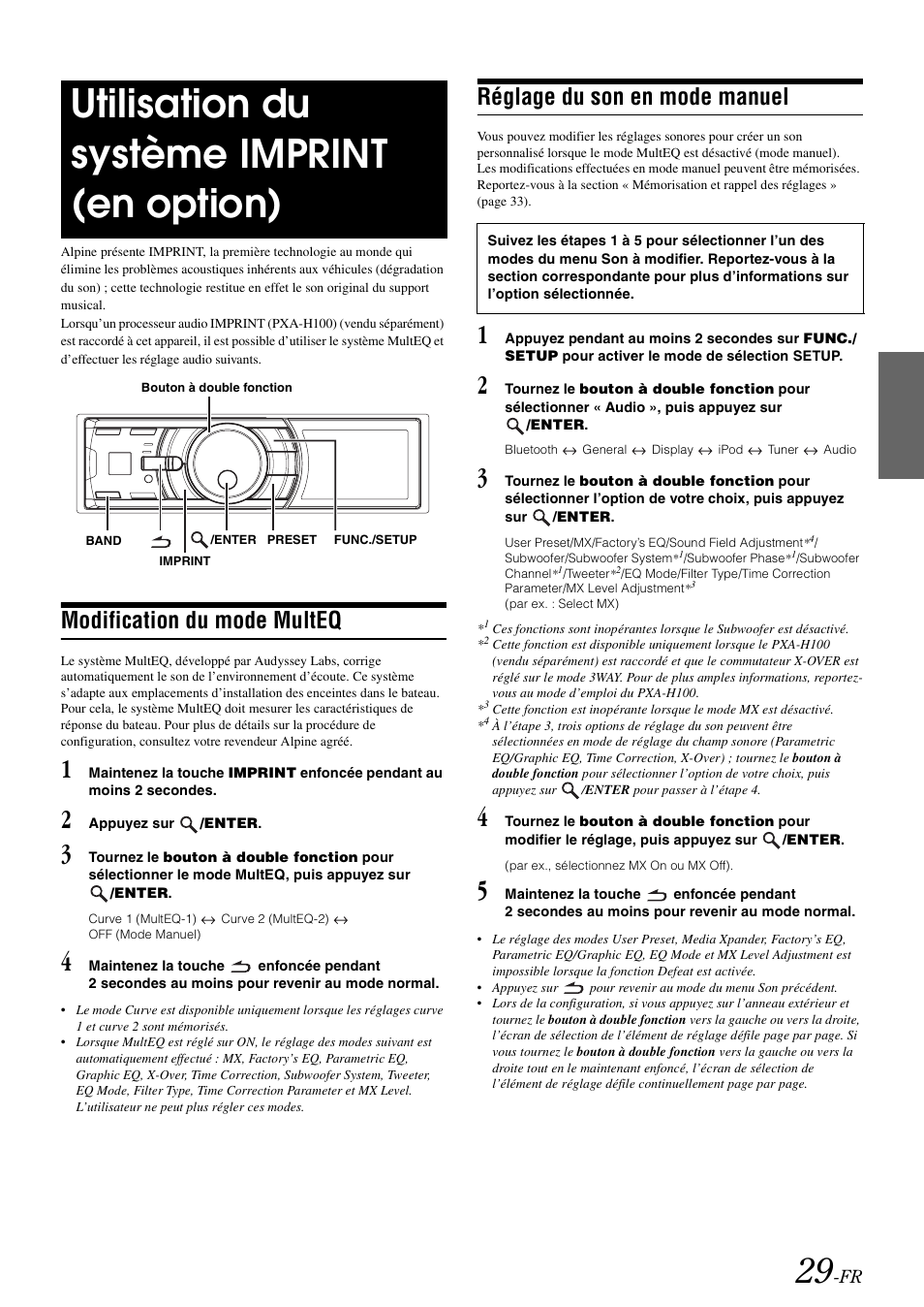 Utilisation du système imprint (en option), Modification du mode multeq, Réglage du son en mode manuel | Utilisation du système imprint (en, Option) | Alpine iDA-X100M User Manual | Page 75 / 135