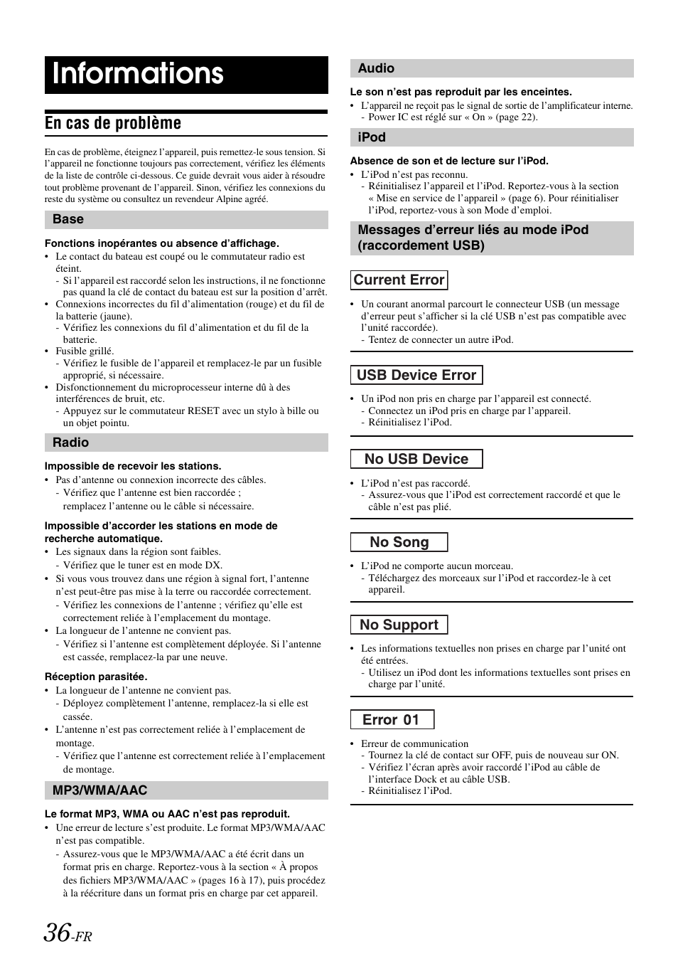 Informations, En cas de problème | Alpine iDA-X100M User Manual | Page 82 / 135