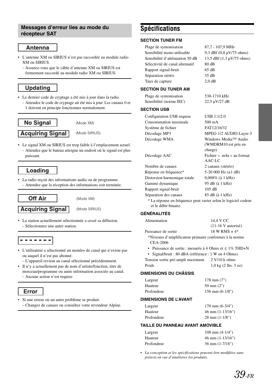 Spécifications, Messages d’erreur lies au mode du récepteur sat | Alpine iDA-X100M User Manual | Page 85 / 135