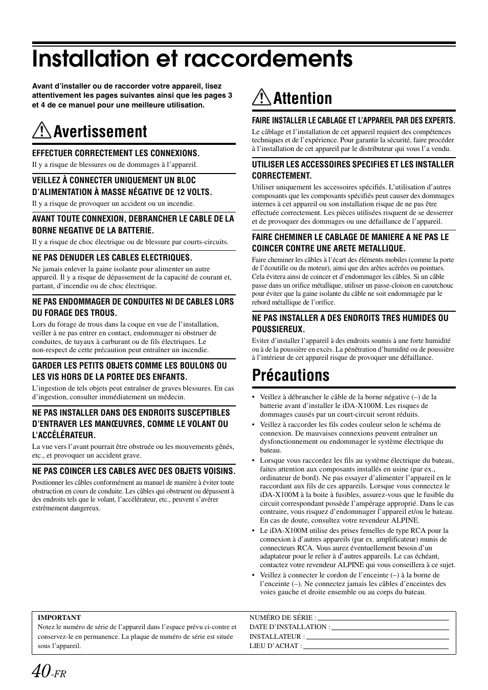 Installation et raccordements, Avertissement, Attention | Précautions, Avertissement attention précautions | Alpine iDA-X100M User Manual | Page 86 / 135