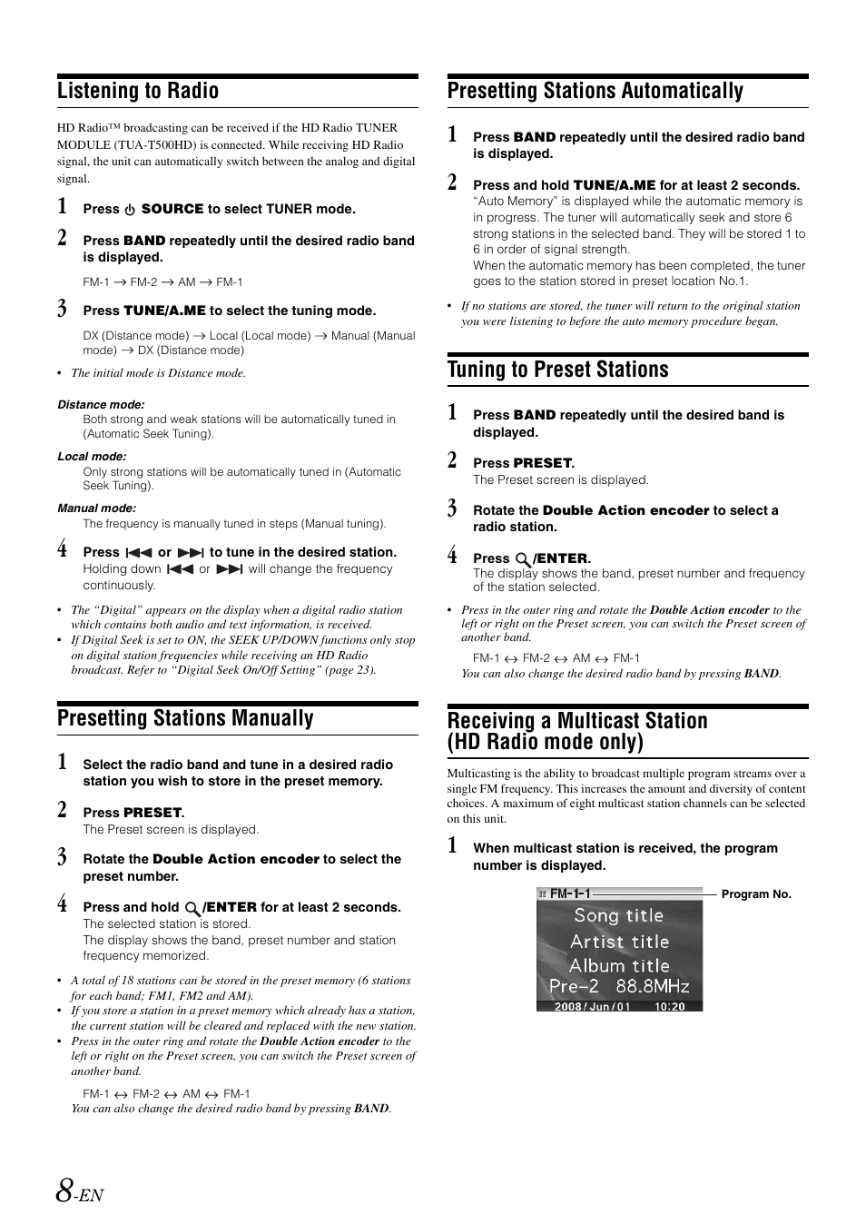 Listening to radio, Presetting stations manually, Presetting stations automatically | Tuning to preset stations, Receiving a multicast station (hd radio mode only), Receiving a multicast station, Hd radio mode only) | Alpine iDA-X100M User Manual | Page 9 / 135