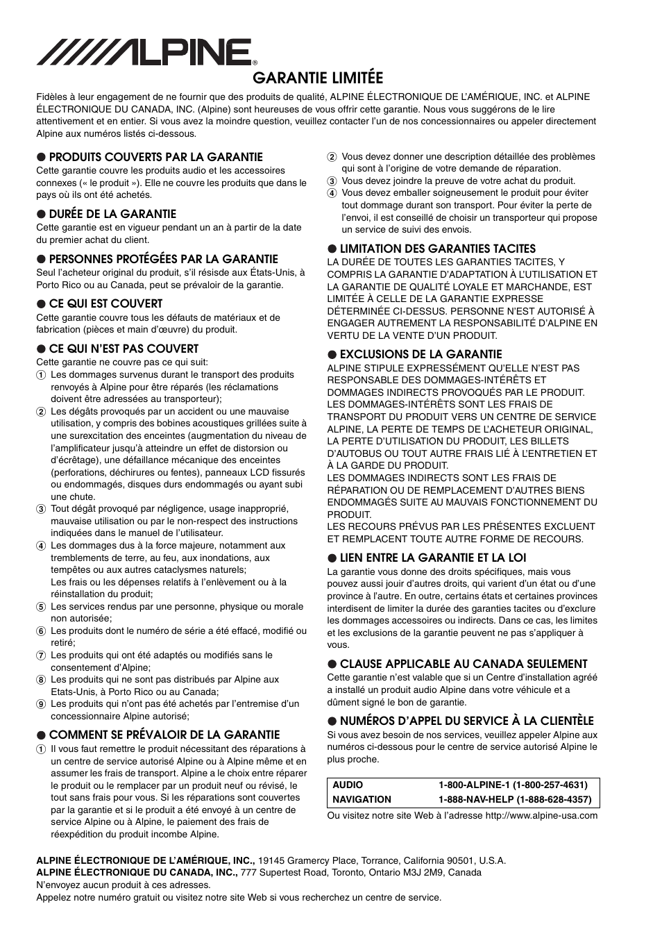 Garantie limitée | Alpine iDA-X100M User Manual | Page 91 / 135