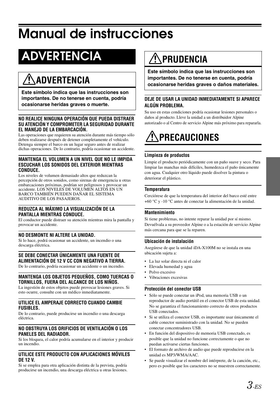 Manual de instrucciones, Advertencia, Prudencia | Precauciones | Alpine iDA-X100M User Manual | Page 94 / 135