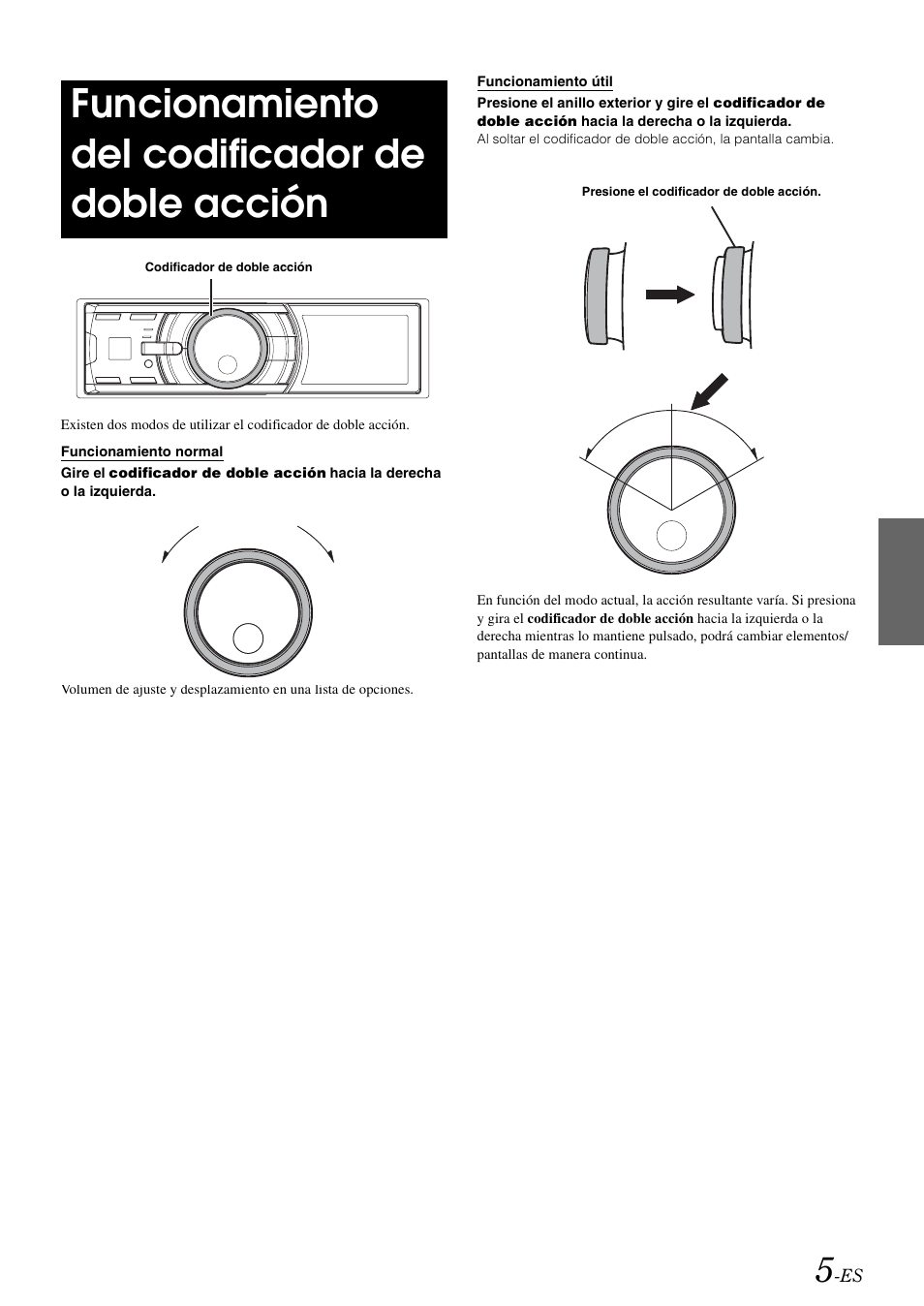 Funcionamiento del codificador de doble acción, Funcionamiento normal, Funcionamiento útil | Funcionamiento del codificador de, Doble acción, Funcionamiento normal funcionamiento útil | Alpine iDA-X100M User Manual | Page 96 / 135