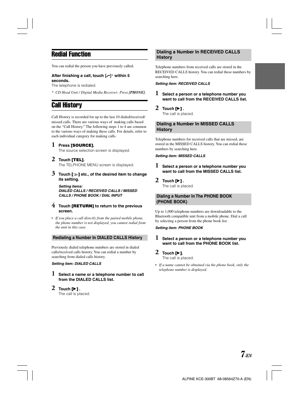Redial function, Call history | Alpine KCE-300BT User Manual | Page 10 / 100