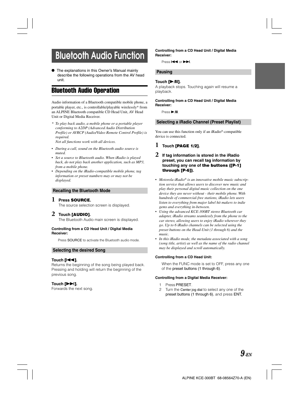 Bluetooth audio function, Bluetooth audio operation | Alpine KCE-300BT User Manual | Page 12 / 100