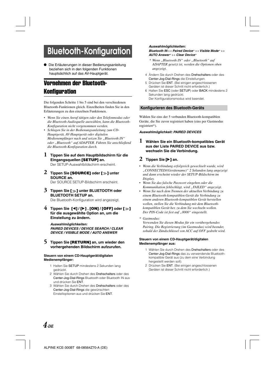 Bluetooth-konfiguration, Vornehmen der bluetooth- konfiguration | Alpine KCE-300BT User Manual | Page 20 / 100