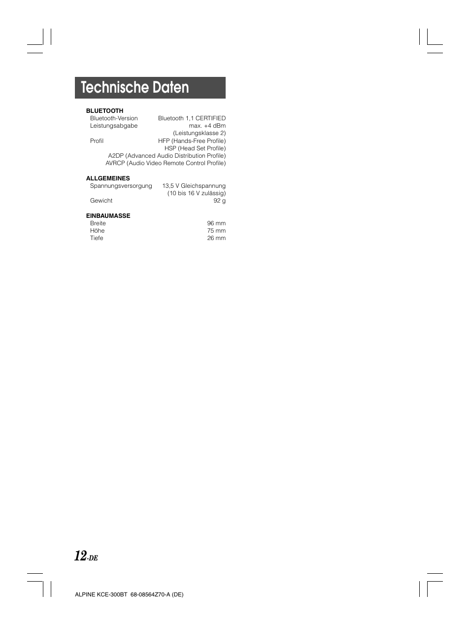 Technische daten | Alpine KCE-300BT User Manual | Page 28 / 100