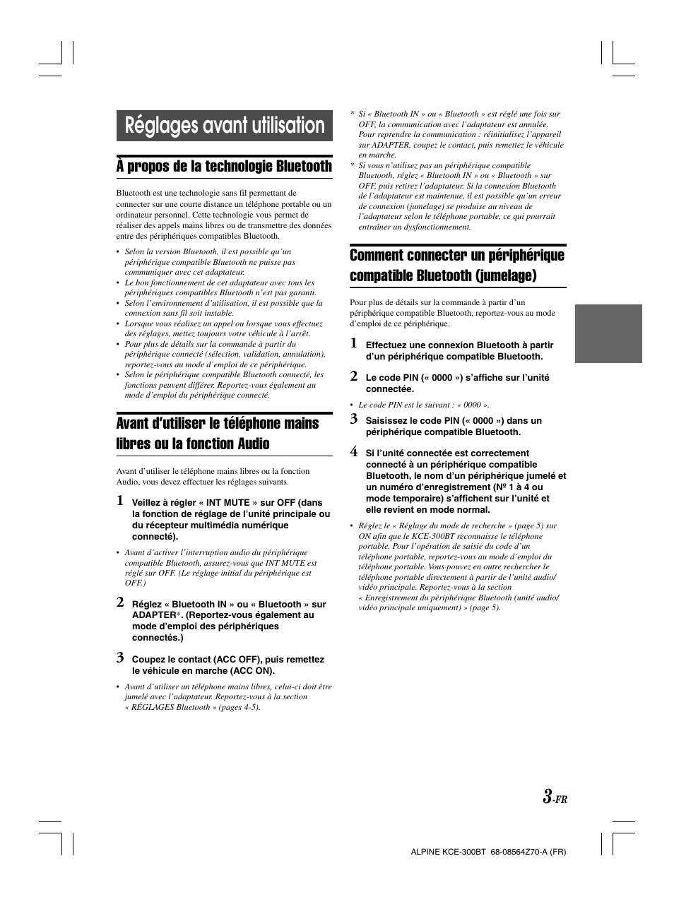 Réglages avant utilisation, À propos de la technologie bluetooth | Alpine KCE-300BT User Manual | Page 31 / 100