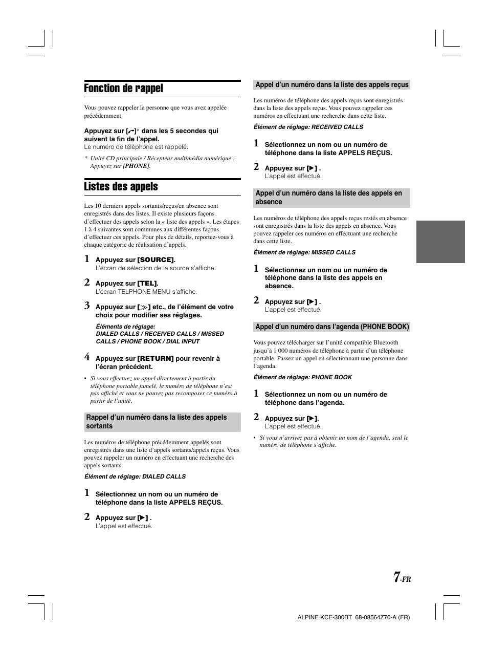 Fonction de rappel, Listes des appels | Alpine KCE-300BT User Manual | Page 35 / 100