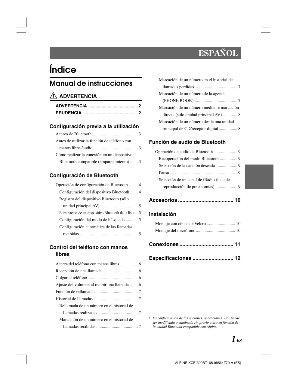 Índice, Español, Manual de instrucciones | Alpine KCE-300BT User Manual | Page 42 / 100